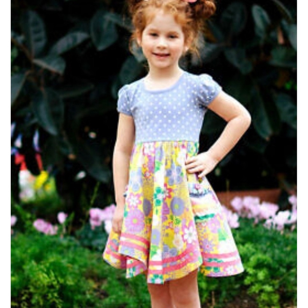 Matilda Jane Floral Polka Dot Dress age 6 Purple Yellow Whimsical Mixed Print